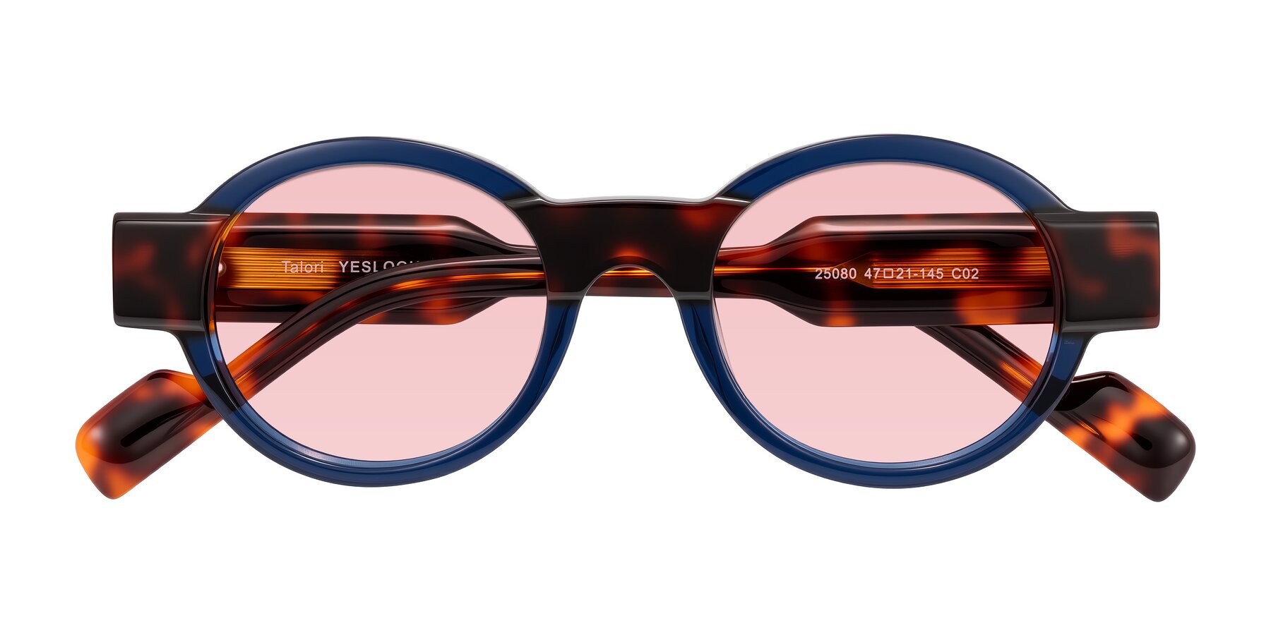 Folded Front of Talori in Transparent Blue/Tortoise with Light Garnet Tinted Lenses