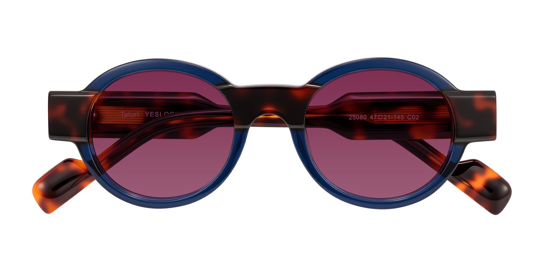 Folded Front of Talori in Transparent Blue/Tortoise with Wine Tinted Lenses