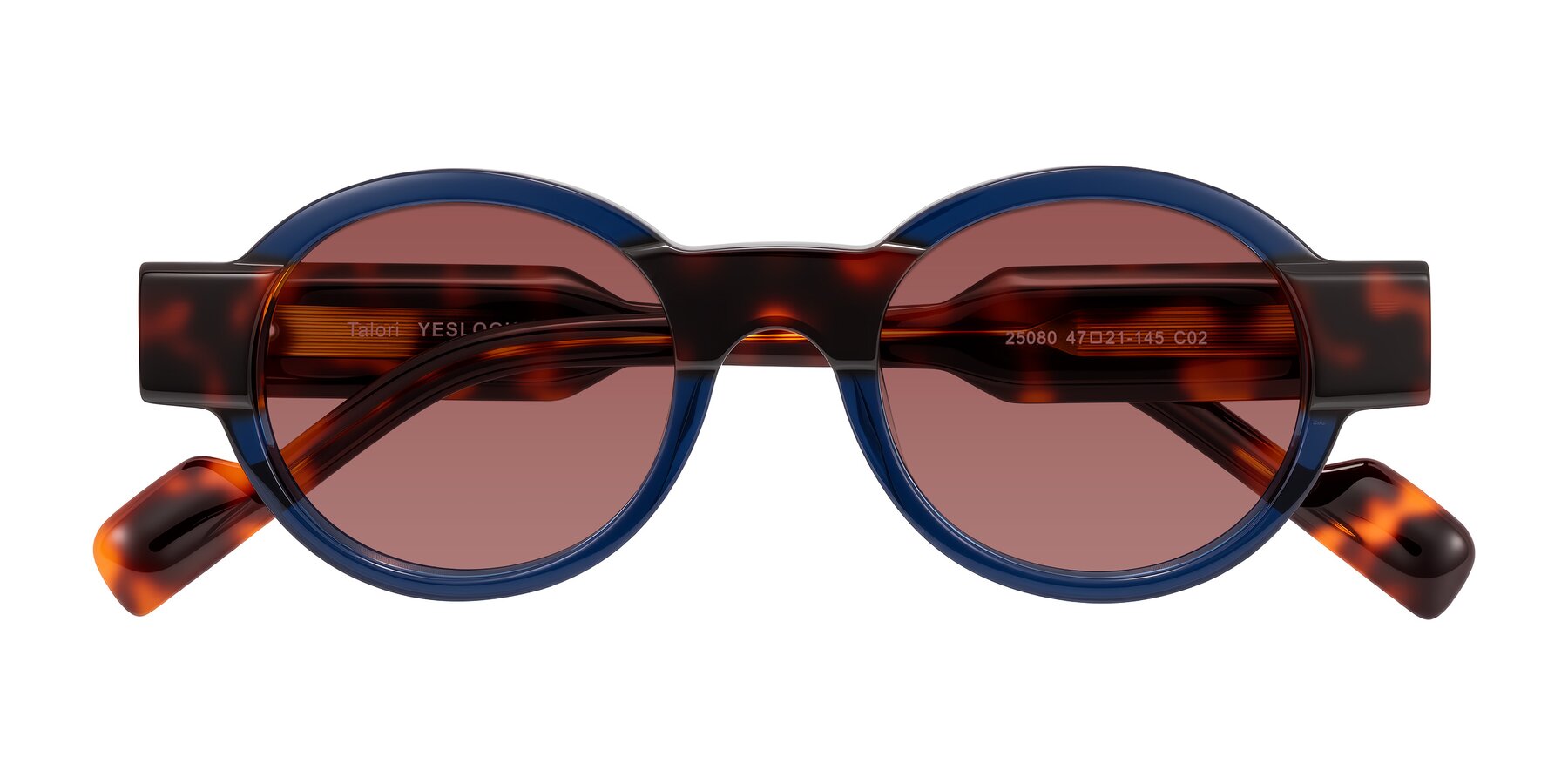 Folded Front of Talori in Transparent Blue/Tortoise with Garnet Tinted Lenses