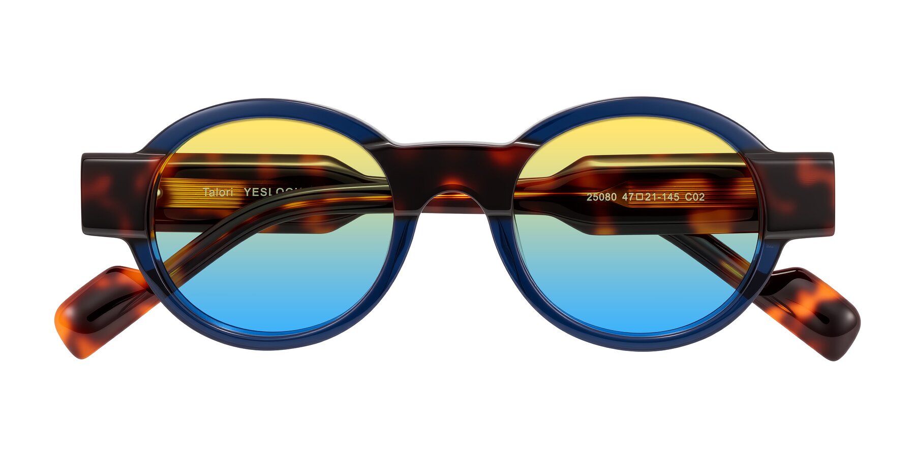 Folded Front of Talori in Transparent Blue/Tortoise with Yellow / Blue Gradient Lenses