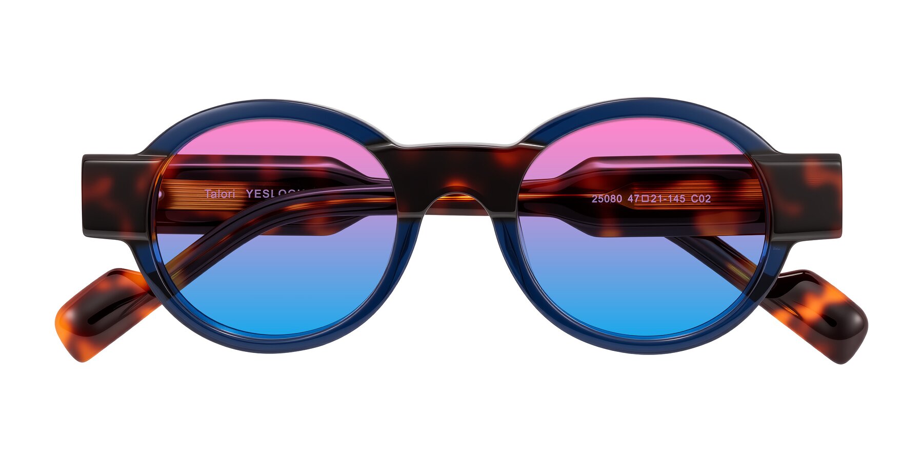 Folded Front of Talori in Transparent Blue/Tortoise with Pink / Blue Gradient Lenses
