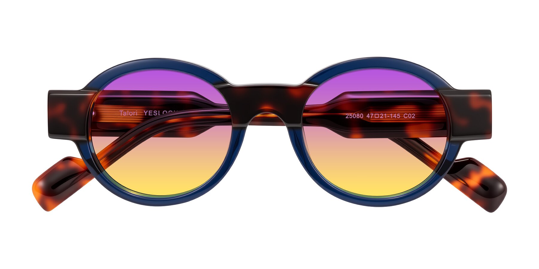 Folded Front of Talori in Transparent Blue/Tortoise with Purple / Yellow Gradient Lenses