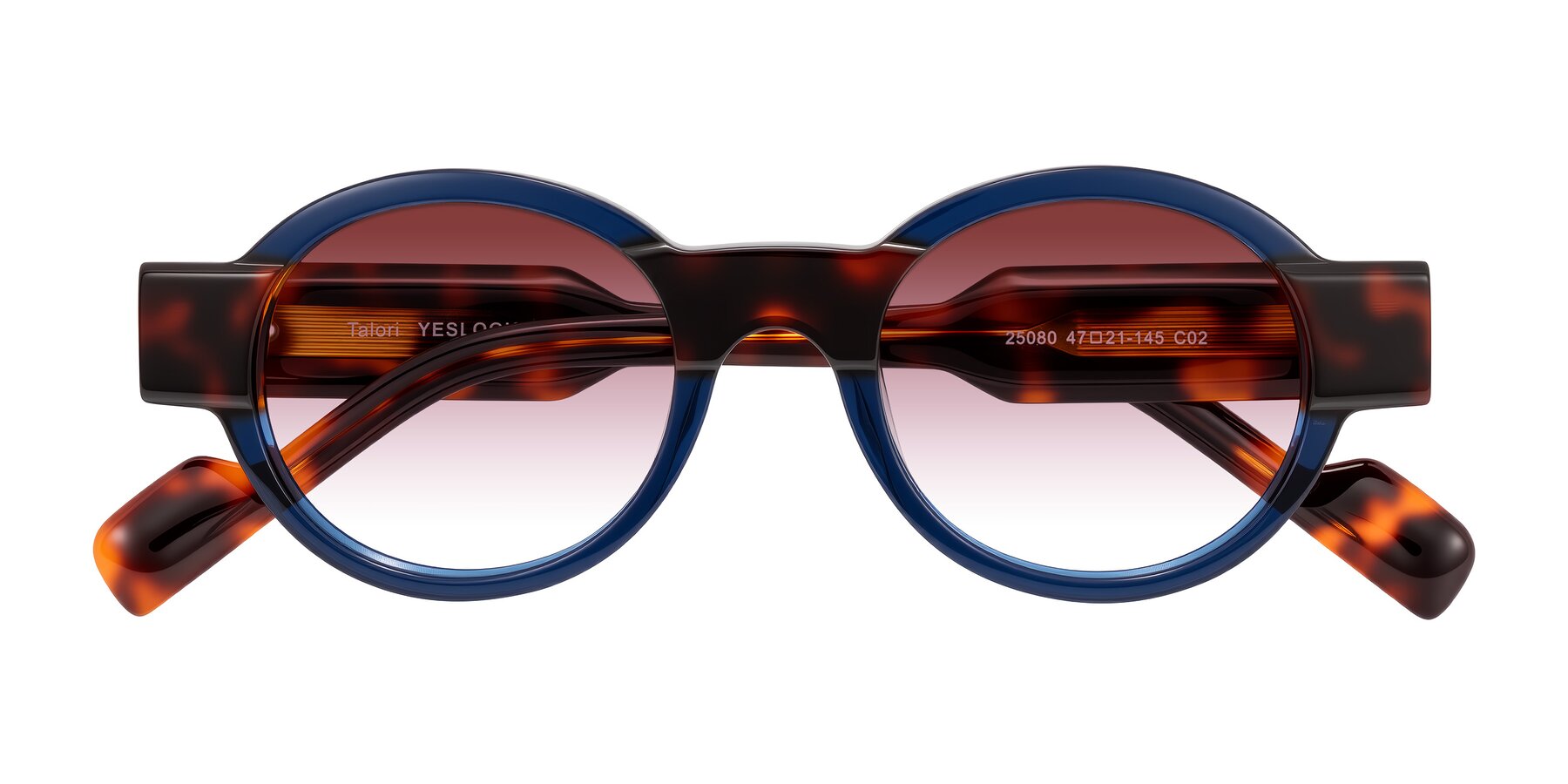 Folded Front of Talori in Transparent Blue/Tortoise with Garnet Gradient Lenses
