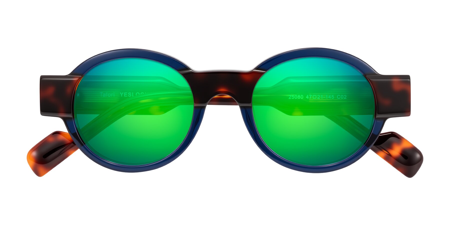 Folded Front of Talori in Transparent Blue/Tortoise with Green Mirrored Lenses