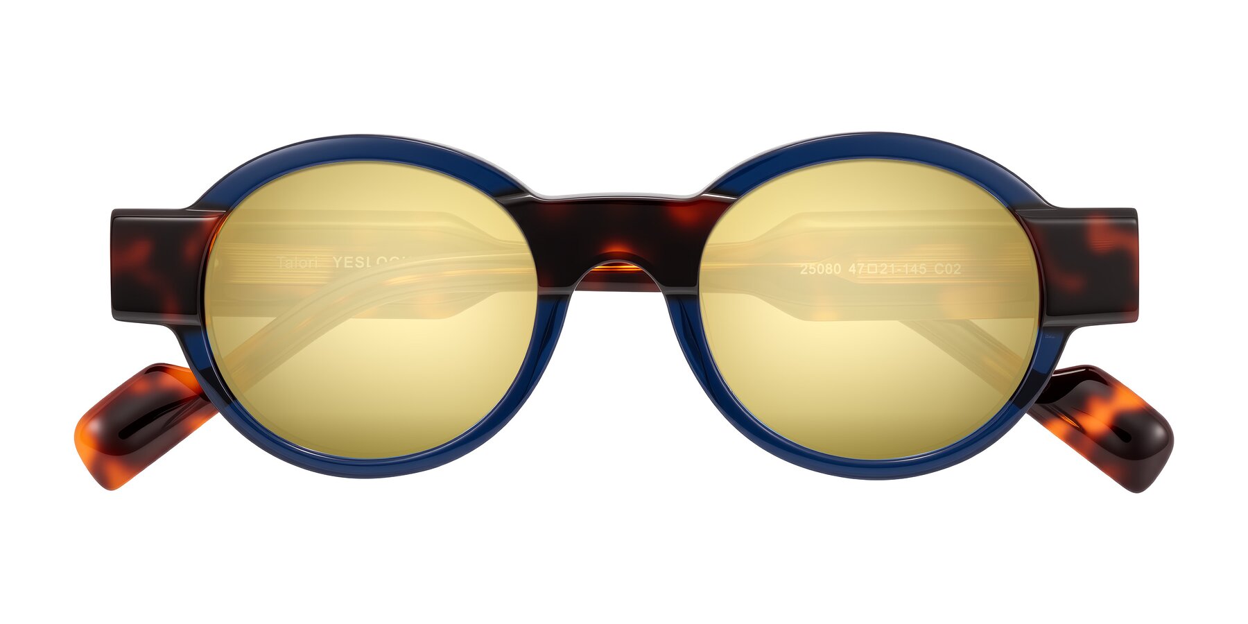 Folded Front of Talori in Transparent Blue/Tortoise with Gold Mirrored Lenses