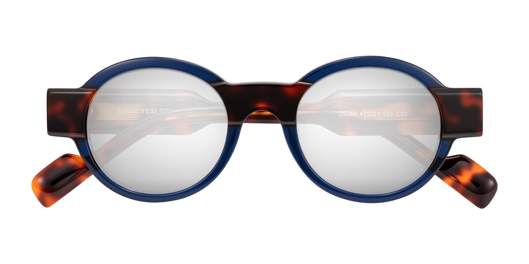 Folded Front of Talori in Transparent Blue/Tortoise with Silver Mirrored Lenses