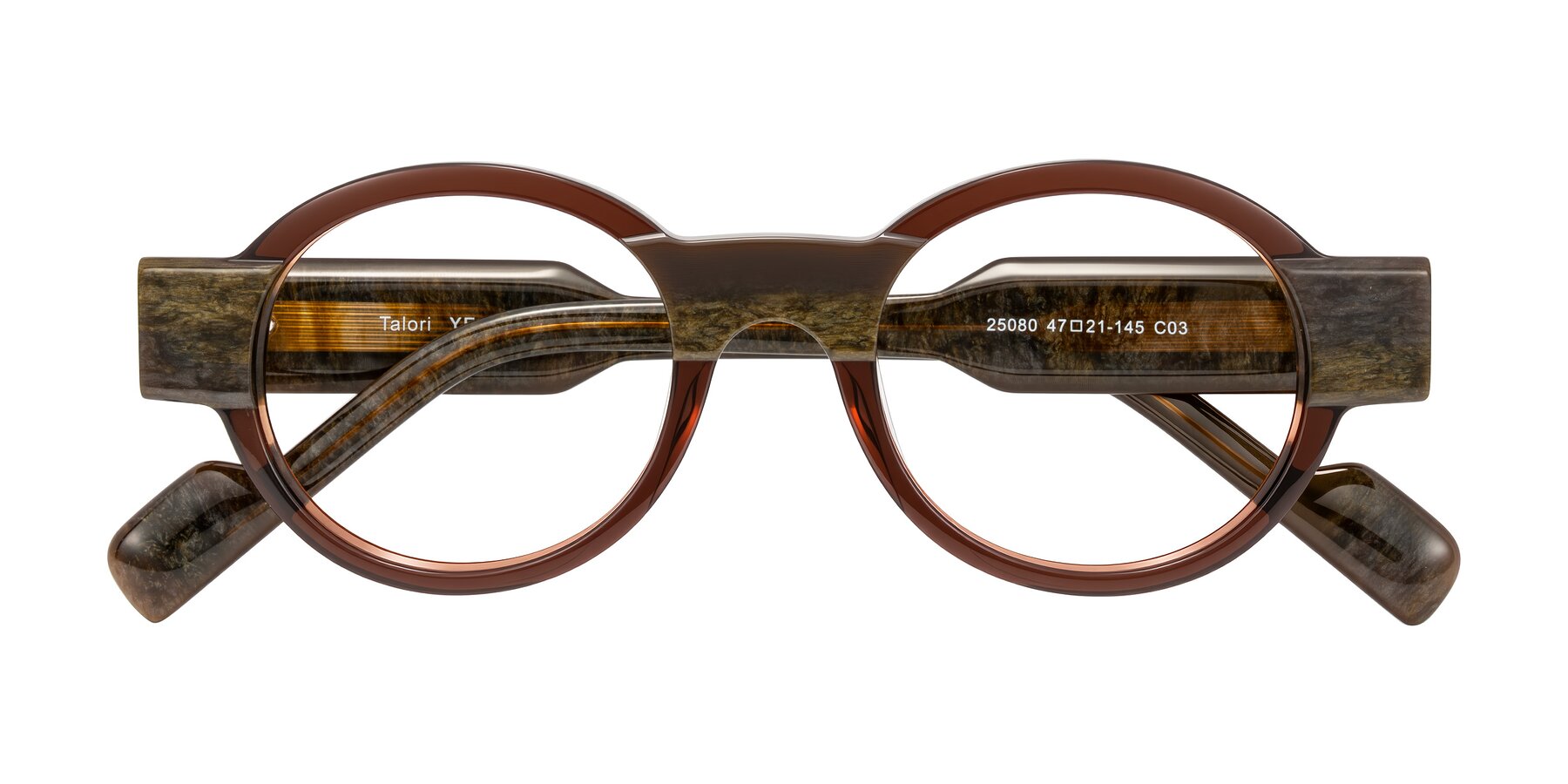 Folded Front of Talori in Cola Brown/Marble with Clear Eyeglass Lenses