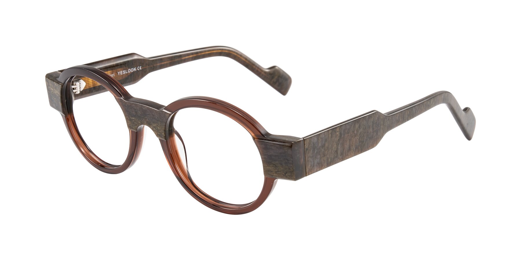 Angle of Talori in Cola Brown/Marble with Clear Eyeglass Lenses