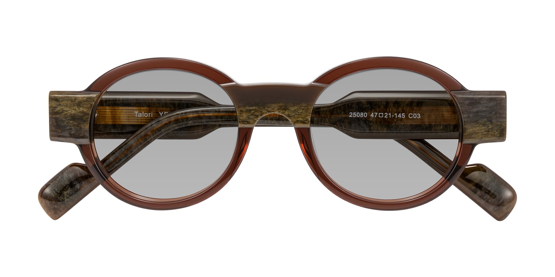 Folded Front of Talori in Cola Brown/Marble with Light Gray Tinted Lenses