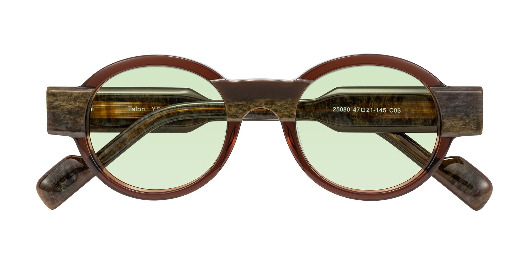 Folded Front of Talori in Cola Brown/Marble with Light Green Tinted Lenses