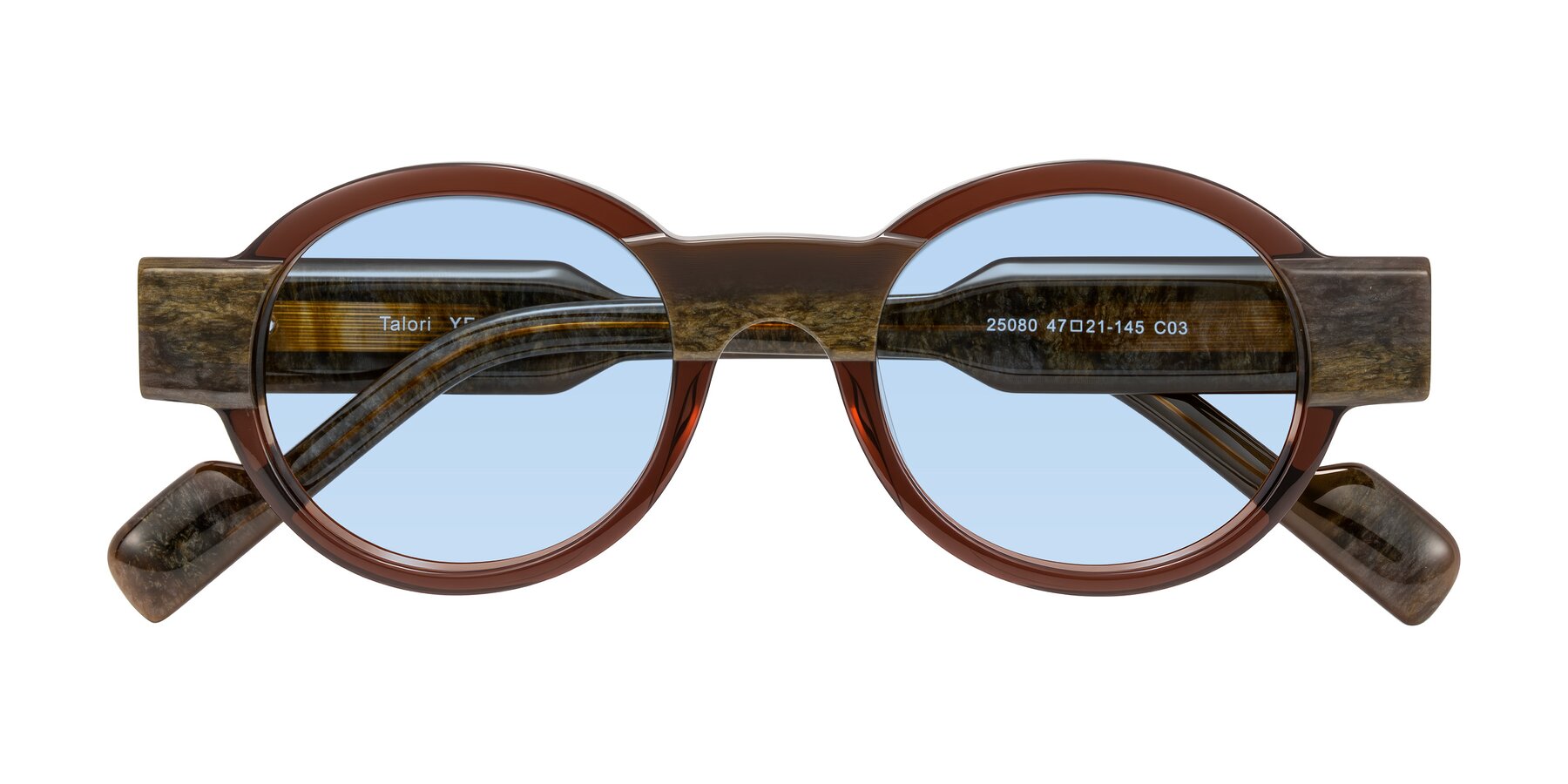 Folded Front of Talori in Cola Brown/Marble with Light Blue Tinted Lenses