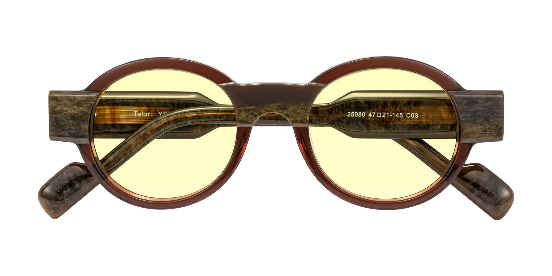 Folded Front of Talori in Cola Brown/Marble with Light Yellow Tinted Lenses
