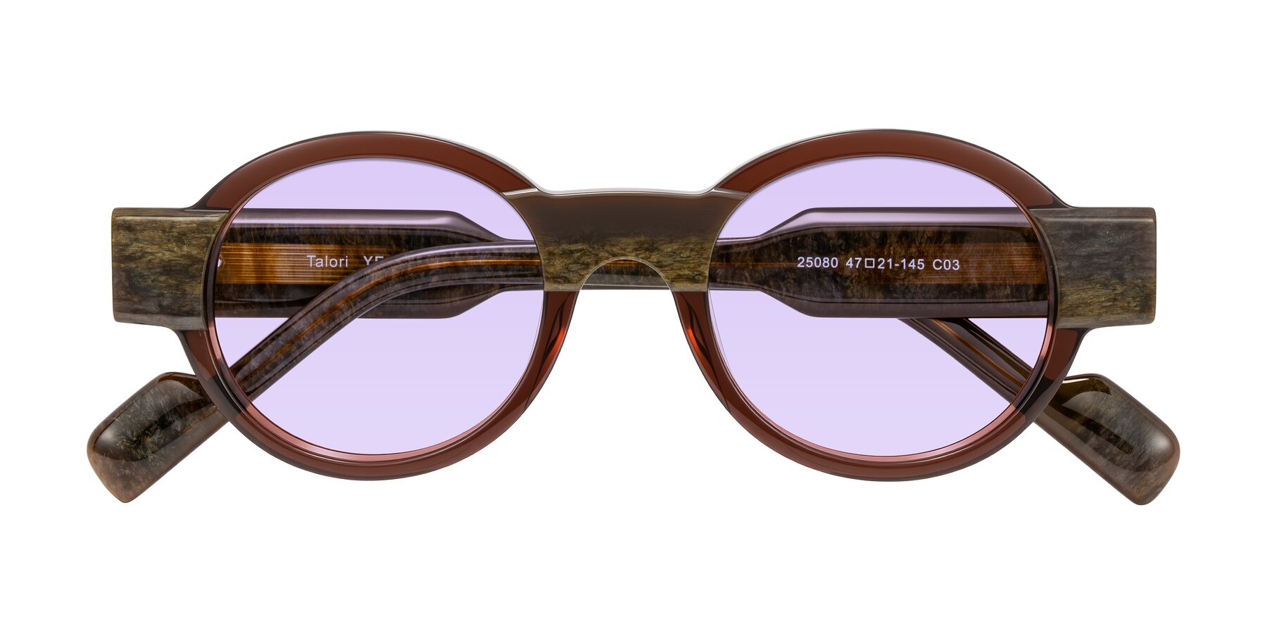 Folded Front of Talori in Cola Brown/Marble with Light Purple Tinted Lenses