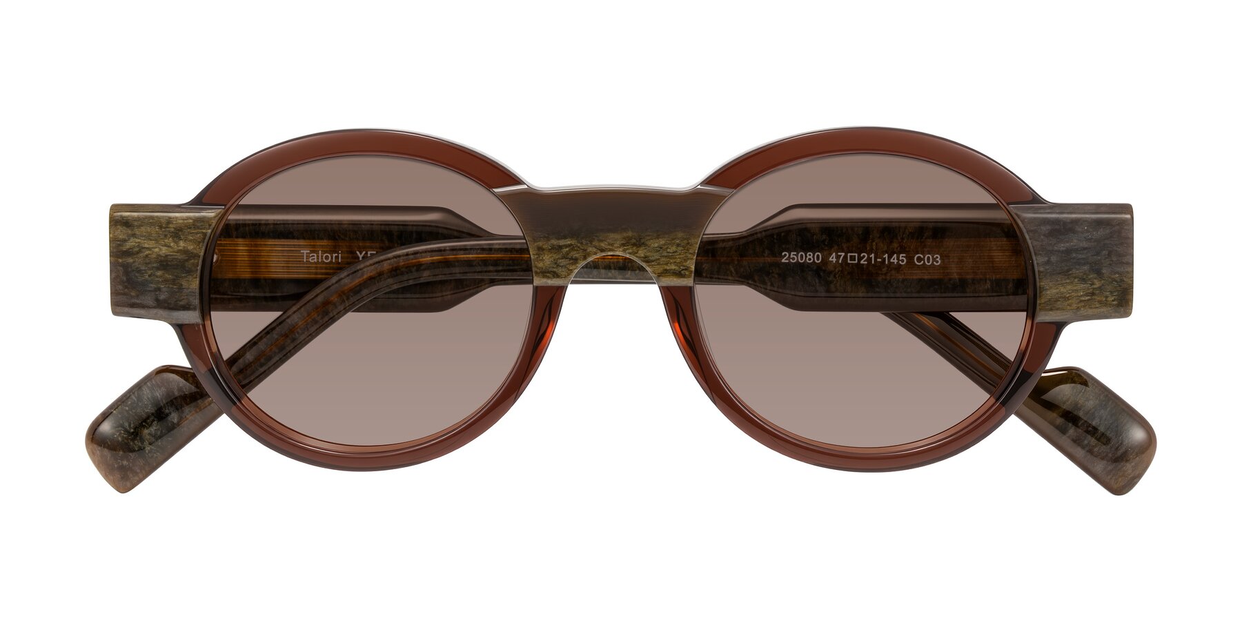Folded Front of Talori in Cola Brown/Marble with Medium Brown Tinted Lenses
