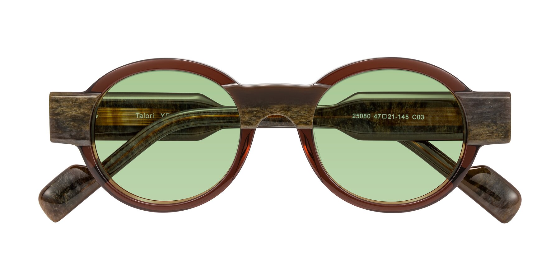 Folded Front of Talori in Cola Brown/Marble with Medium Green Tinted Lenses