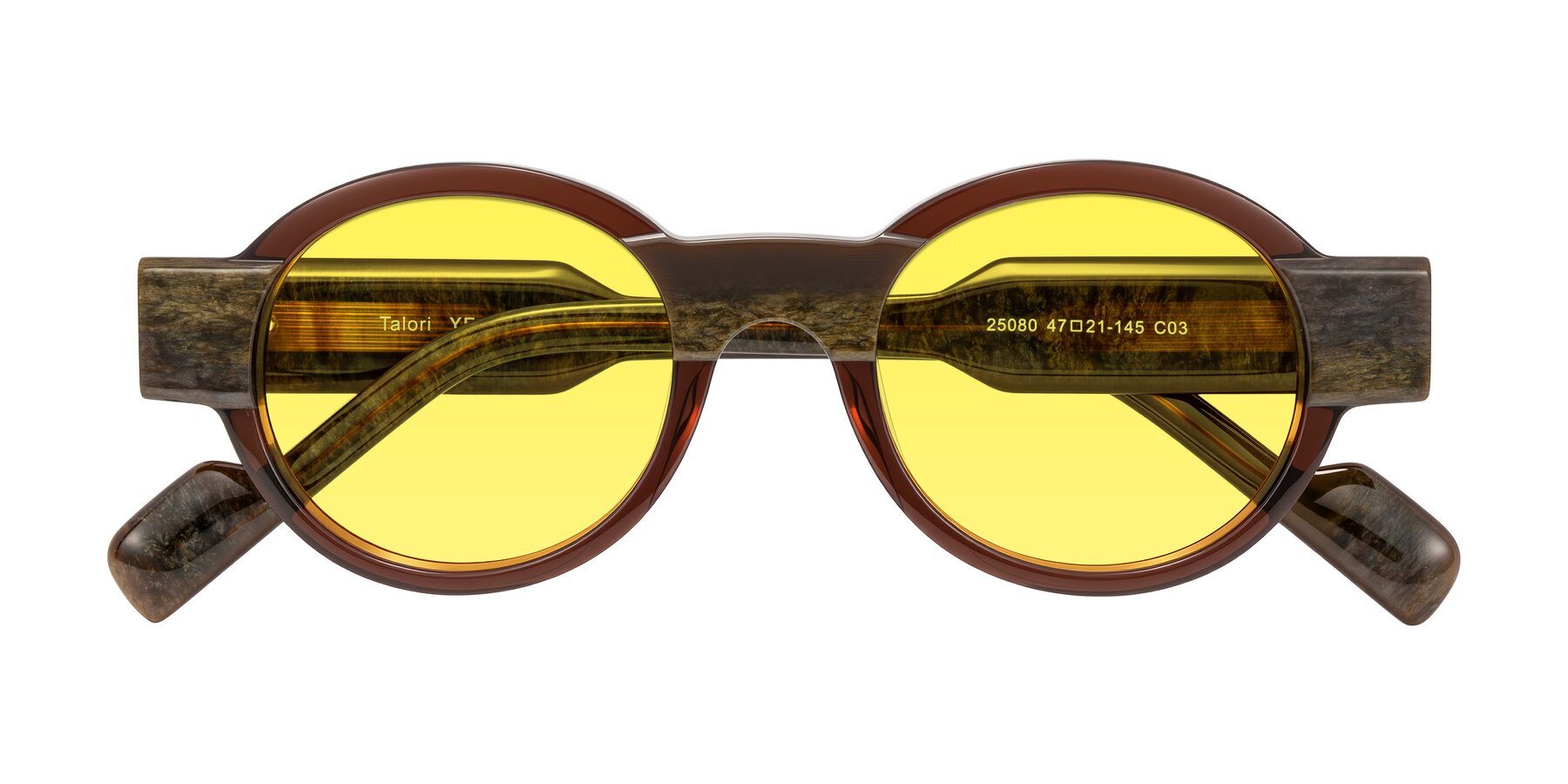 Folded Front of Talori in Cola Brown/Marble with Medium Yellow Tinted Lenses