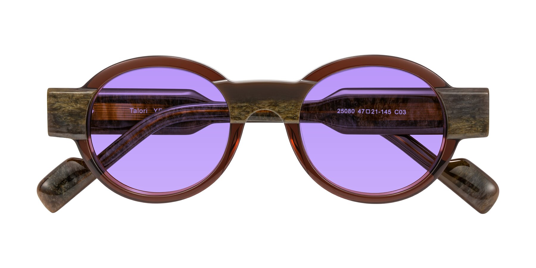 Folded Front of Talori in Cola Brown/Marble with Medium Purple Tinted Lenses