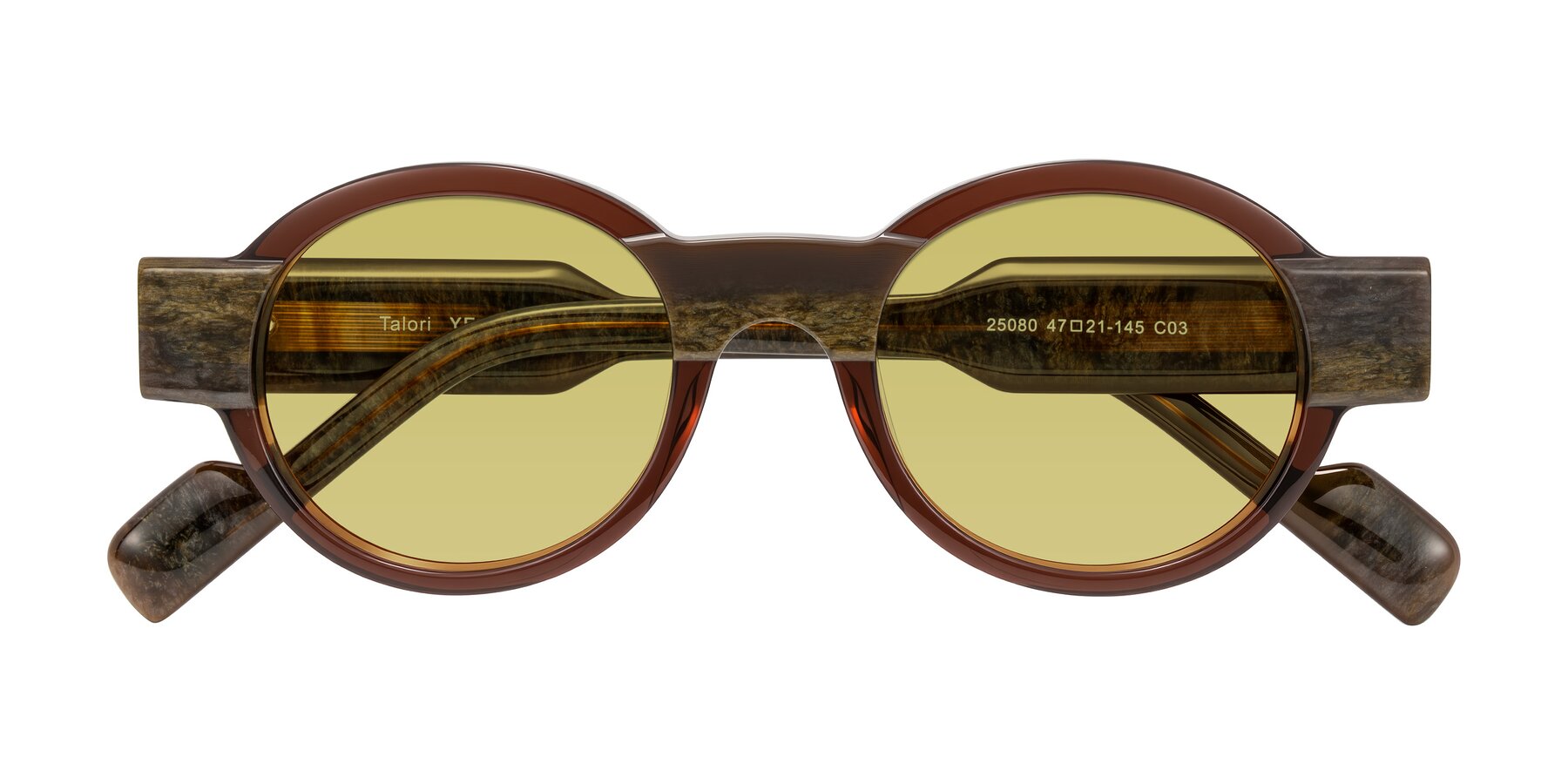 Folded Front of Talori in Cola Brown/Marble with Medium Champagne Tinted Lenses