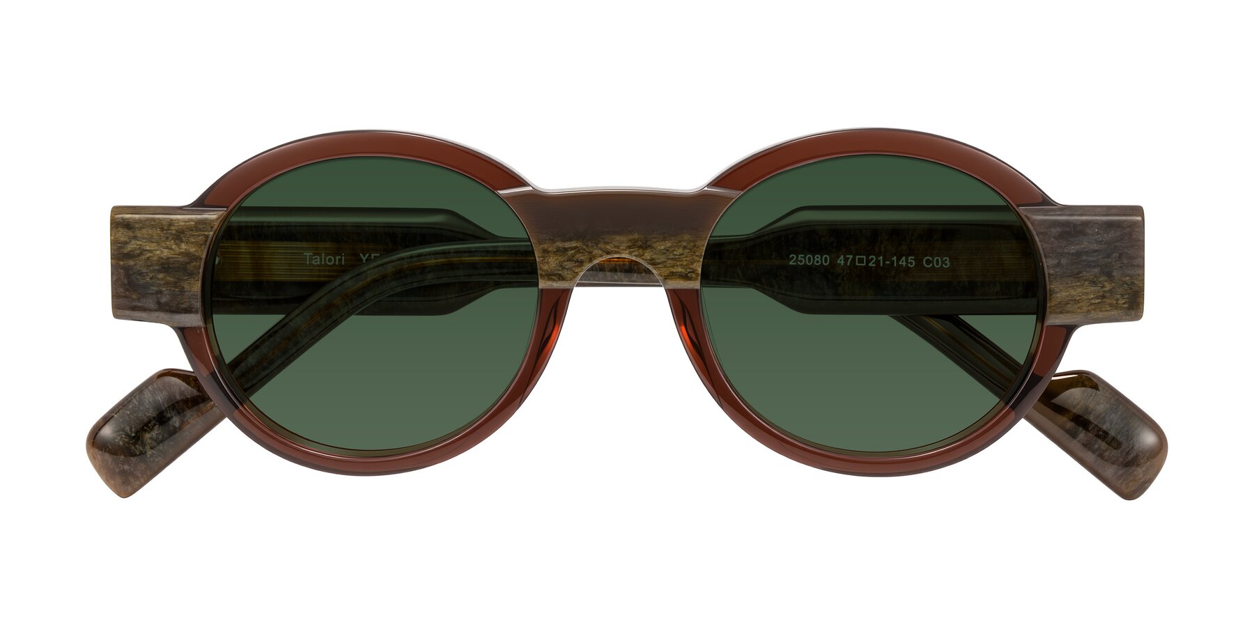 Folded Front of Talori in Cola Brown/Marble with Green Tinted Lenses