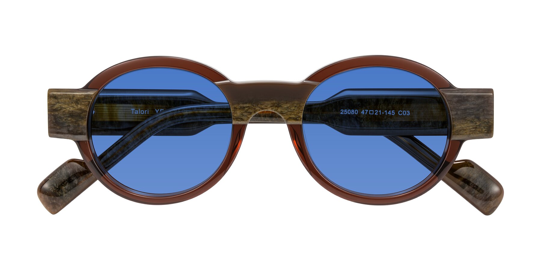 Folded Front of Talori in Cola Brown/Marble with Blue Tinted Lenses