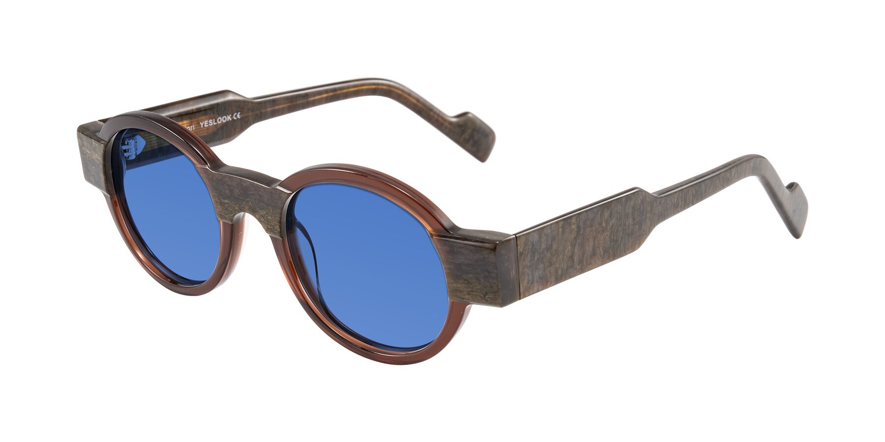 Angle of Talori in Cola Brown/Marble with Blue Tinted Lenses