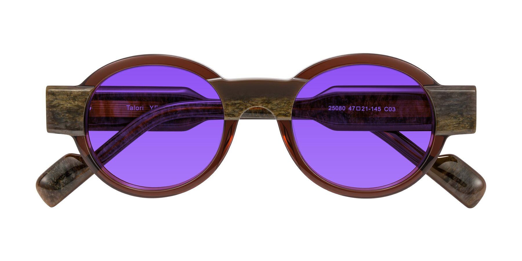 Folded Front of Talori in Cola Brown/Marble with Purple Tinted Lenses