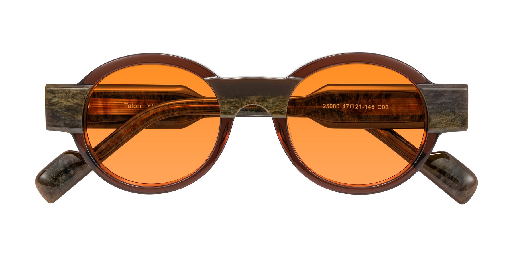 Folded Front of Talori in Cola Brown/Marble with Orange Tinted Lenses