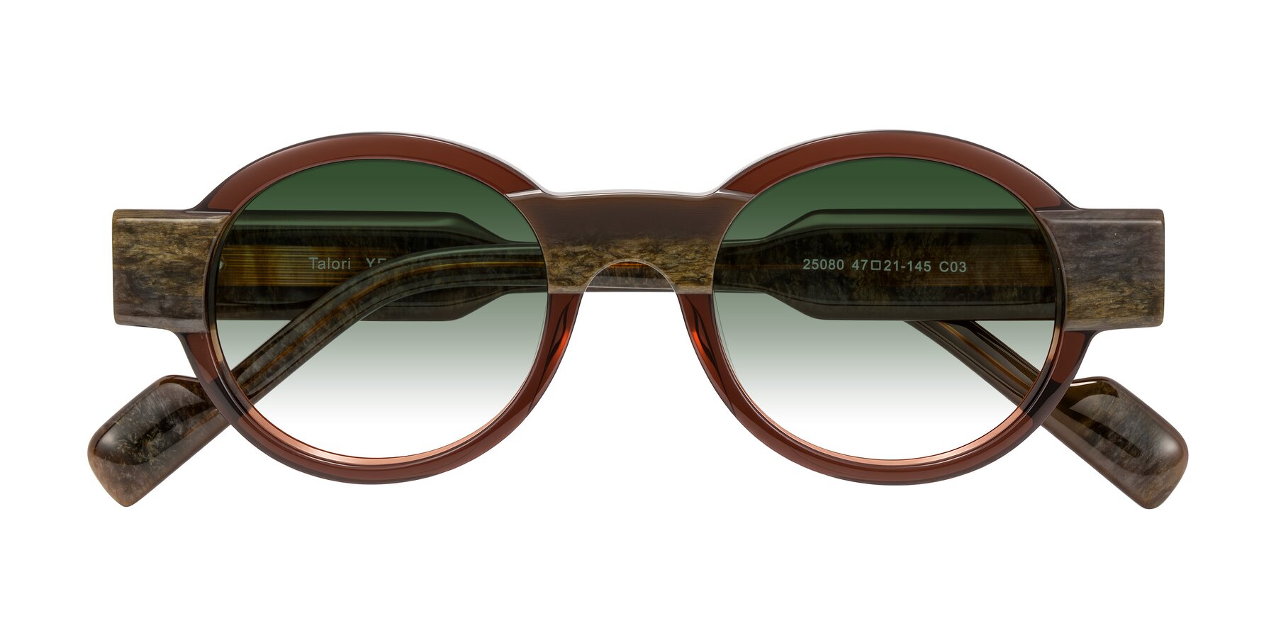 Folded Front of Talori in Cola Brown/Marble with Green Gradient Lenses