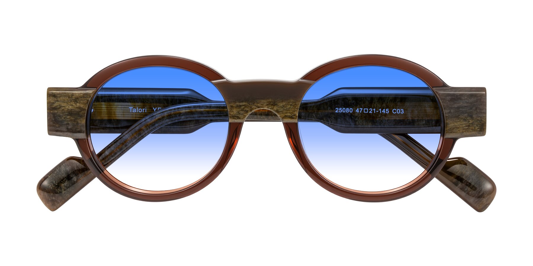 Folded Front of Talori in Cola Brown/Marble with Blue Gradient Lenses