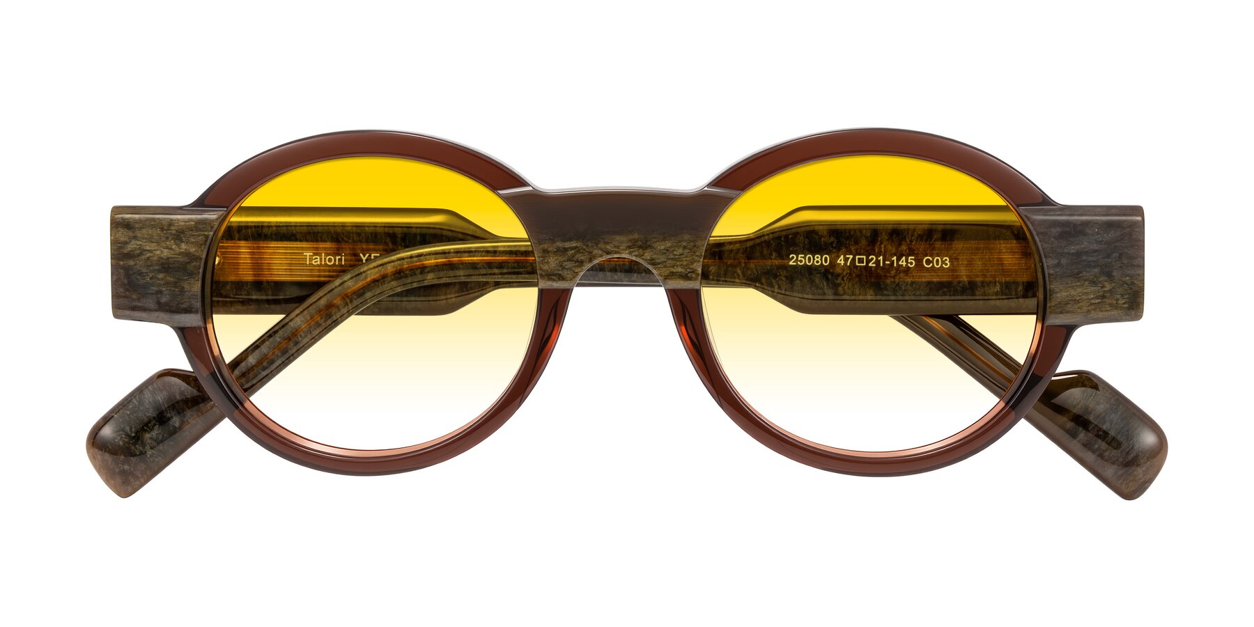 Folded Front of Talori in Cola Brown/Marble with Yellow Gradient Lenses