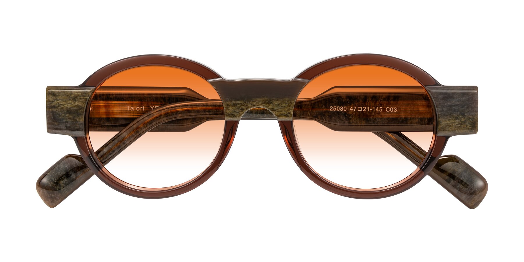 Folded Front of Talori in Cola Brown/Marble with Orange Gradient Lenses