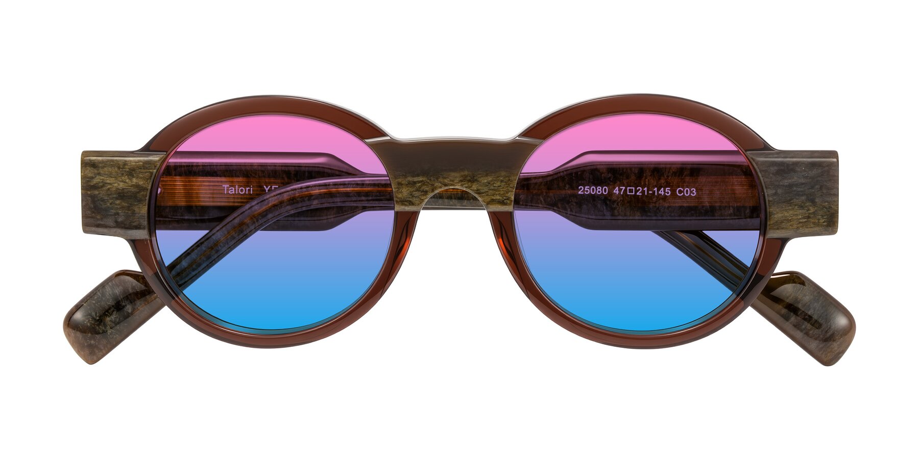 Folded Front of Talori in Cola Brown/Marble with Pink / Blue Gradient Lenses