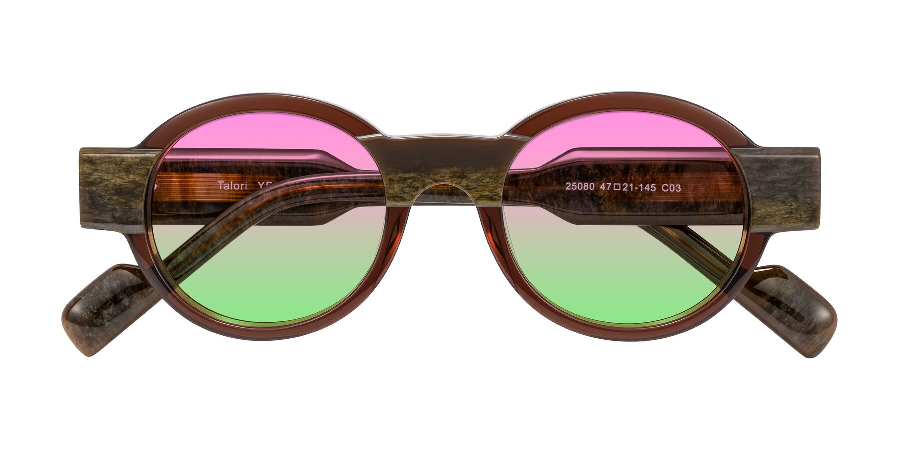 Folded Front of Talori in Cola Brown/Marble with Pink / Green Gradient Lenses