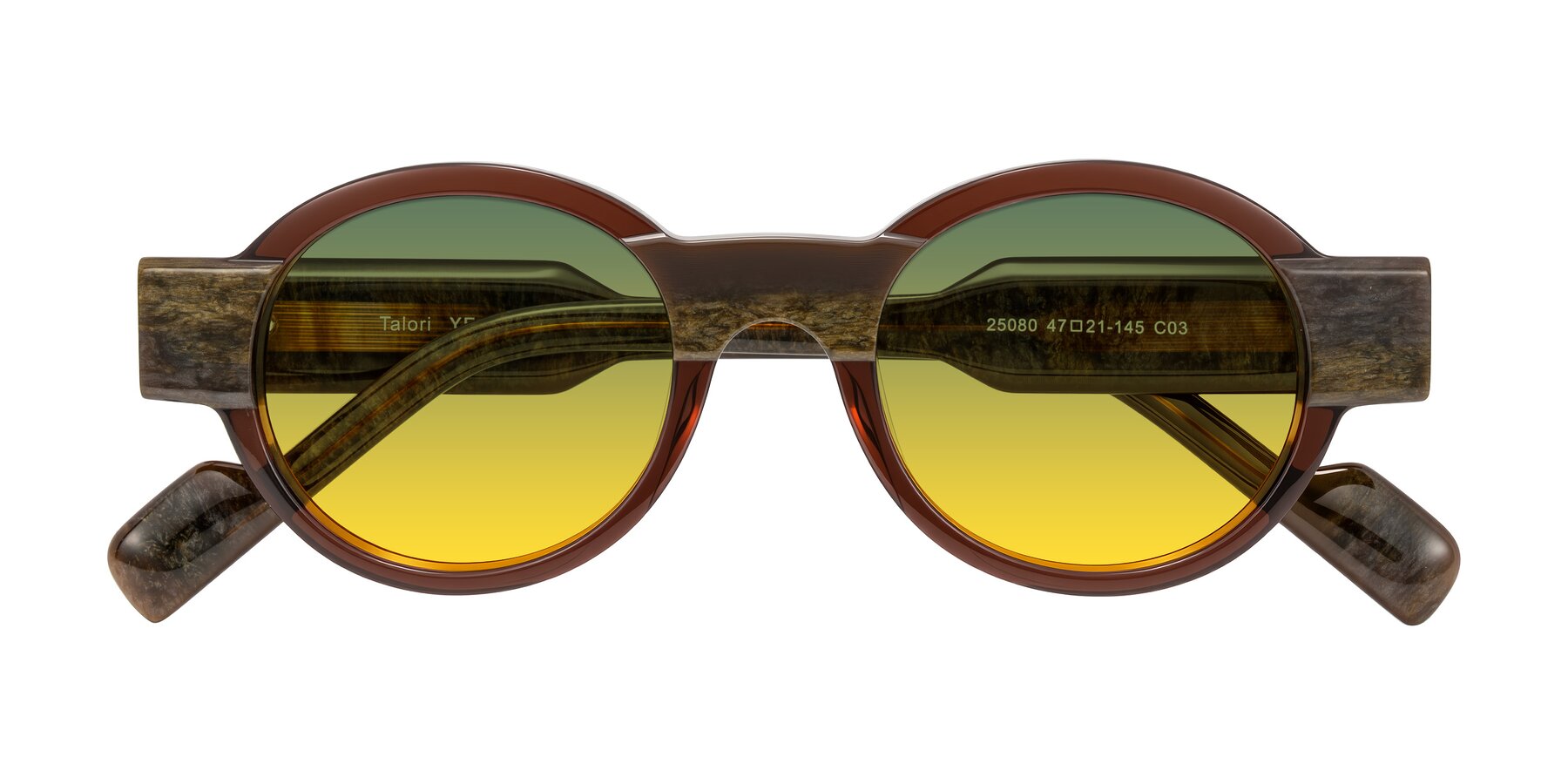 Folded Front of Talori in Cola Brown/Marble with Green / Yellow Gradient Lenses