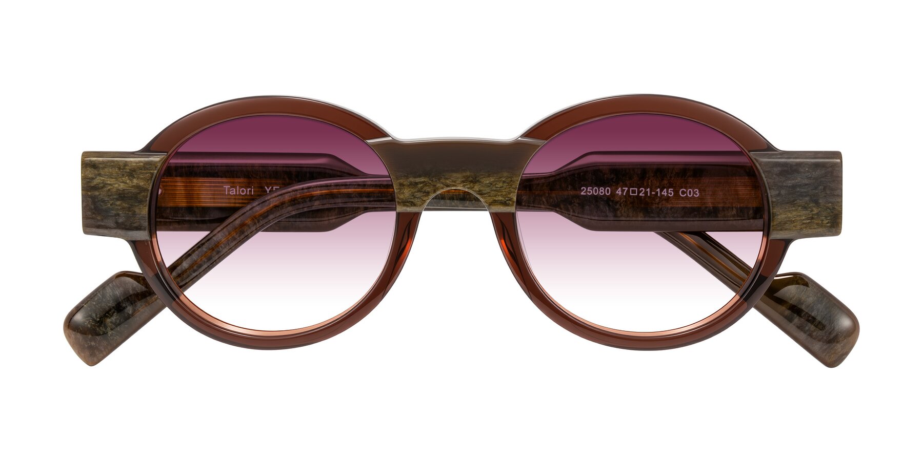 Folded Front of Talori in Cola Brown/Marble with Wine Gradient Lenses