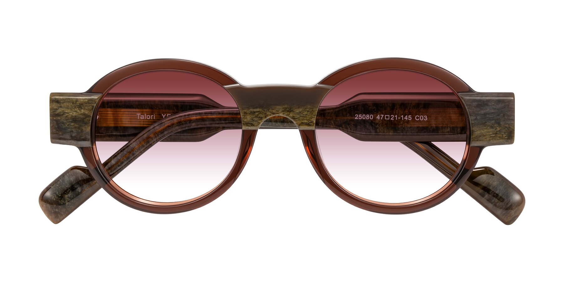 Folded Front of Talori in Cola Brown/Marble with Garnet Gradient Lenses
