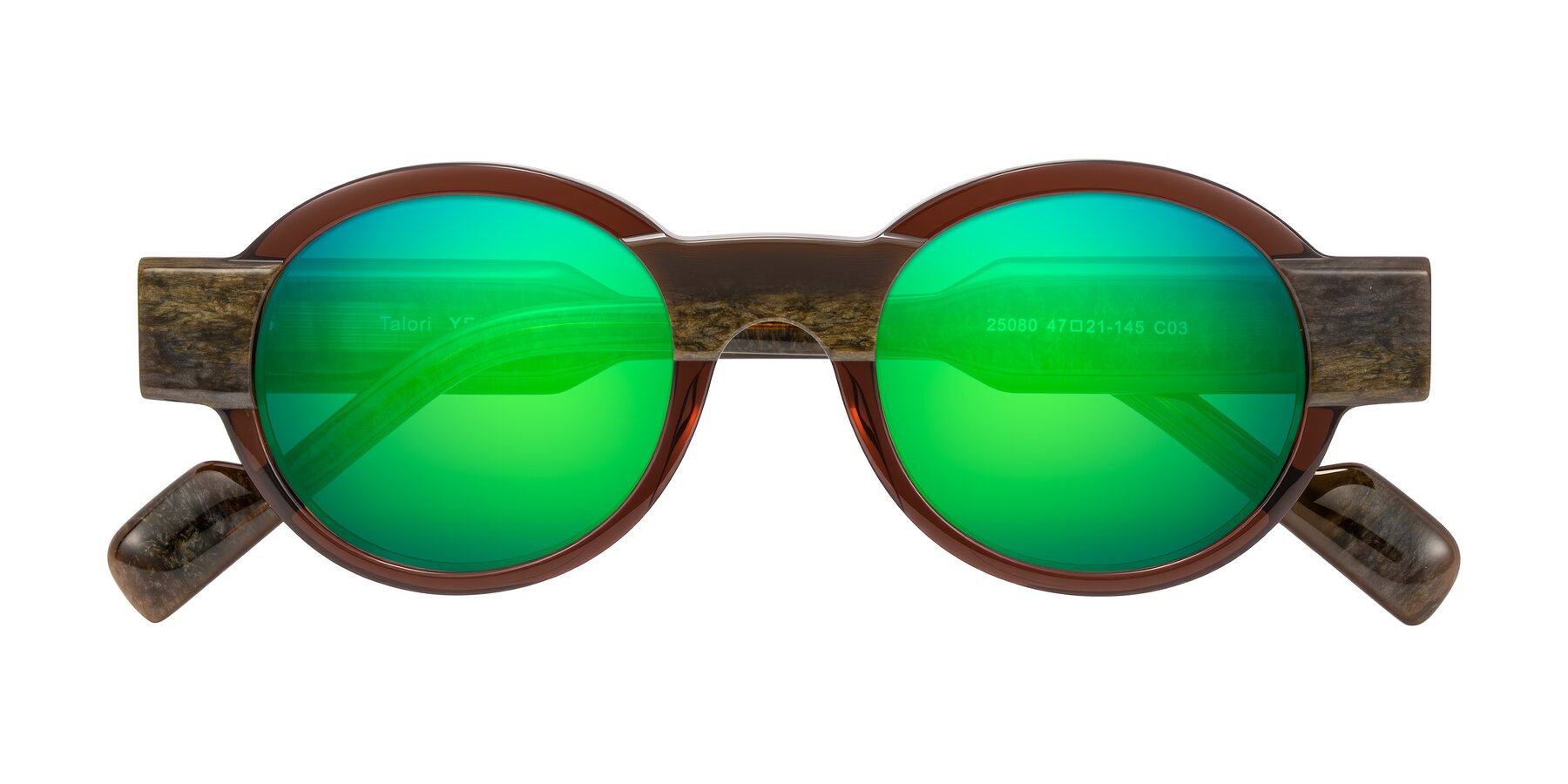 Folded Front of Talori in Cola Brown/Marble with Green Mirrored Lenses