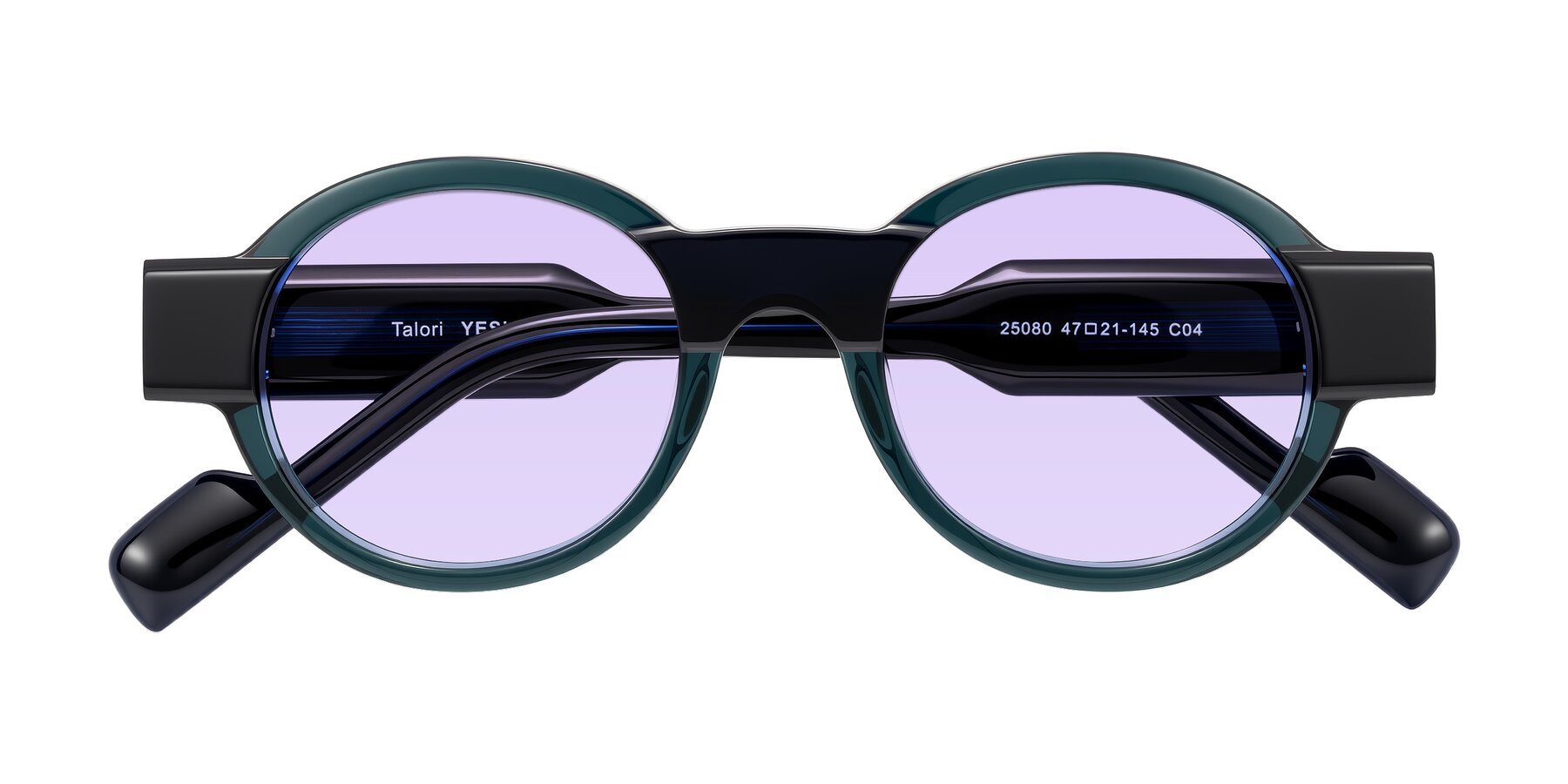 Folded Front of Talori in Emerald/Blue Charcoal with Light Purple Tinted Lenses