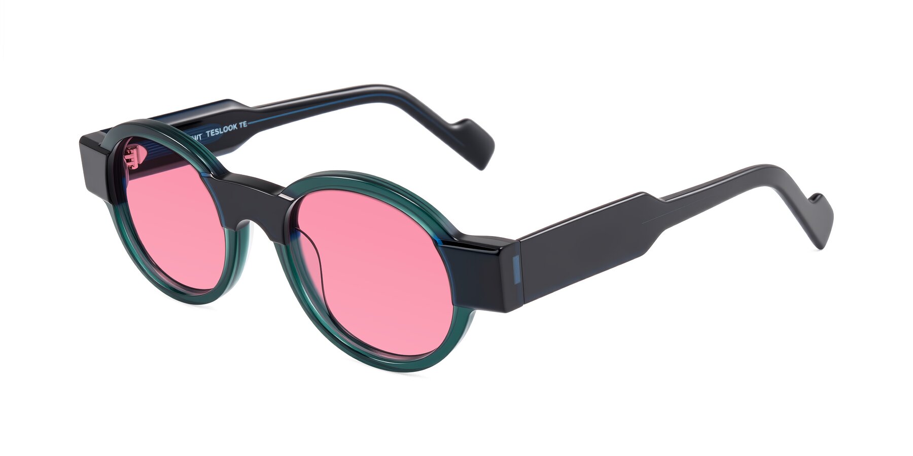 Angle of Talori in Emerald/Blue Charcoal with Pink Tinted Lenses