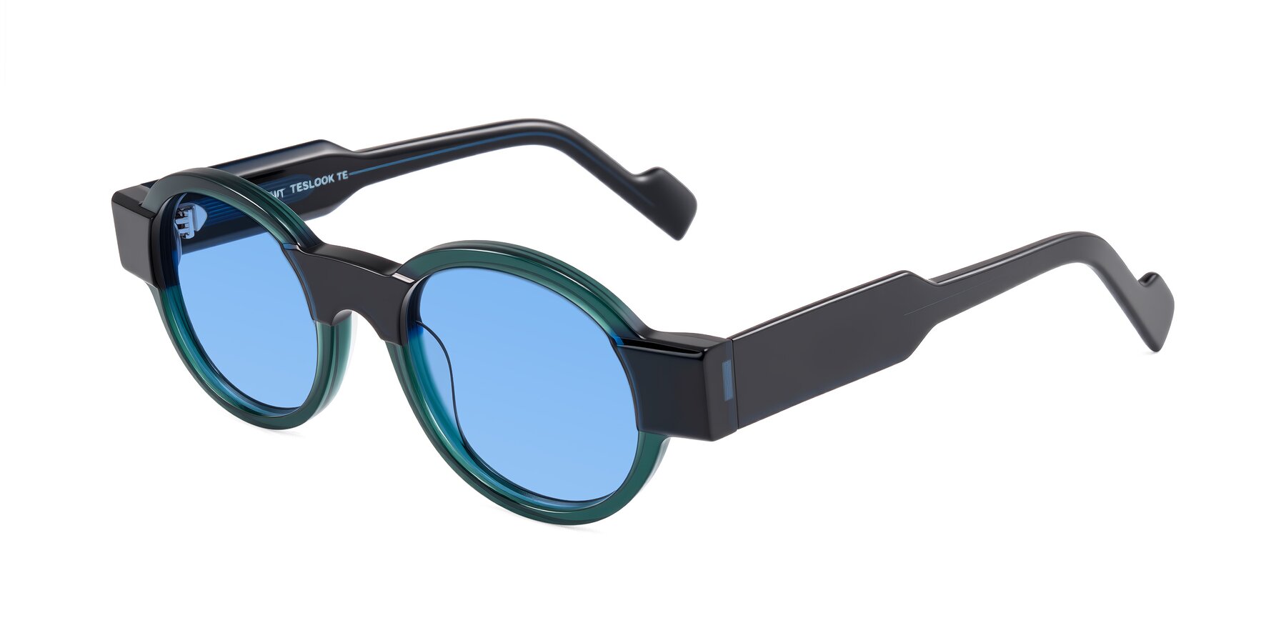 Angle of Talori in Emerald/Blue Charcoal with Medium Blue Tinted Lenses