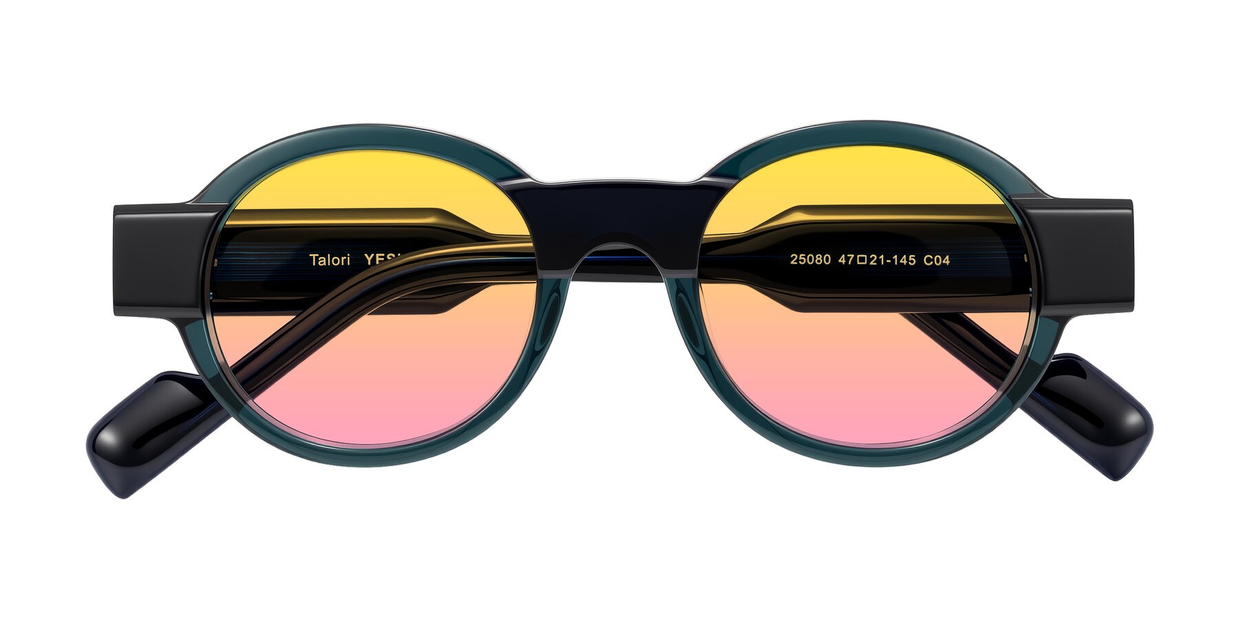 Folded Front of Talori in Emerald/Blue Charcoal with Yellow / Pink Gradient Lenses