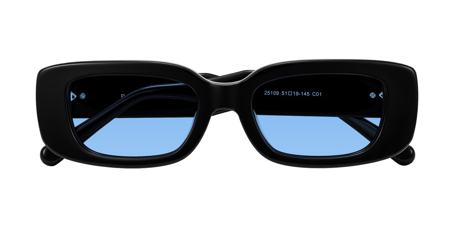Folded Front of Pythias in Black with Medium Blue Tinted Lenses