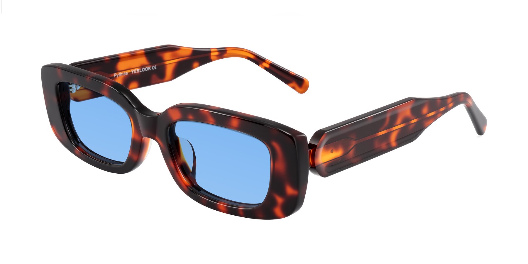 Angle of Pythias in Tortoise with Medium Blue Tinted Lenses