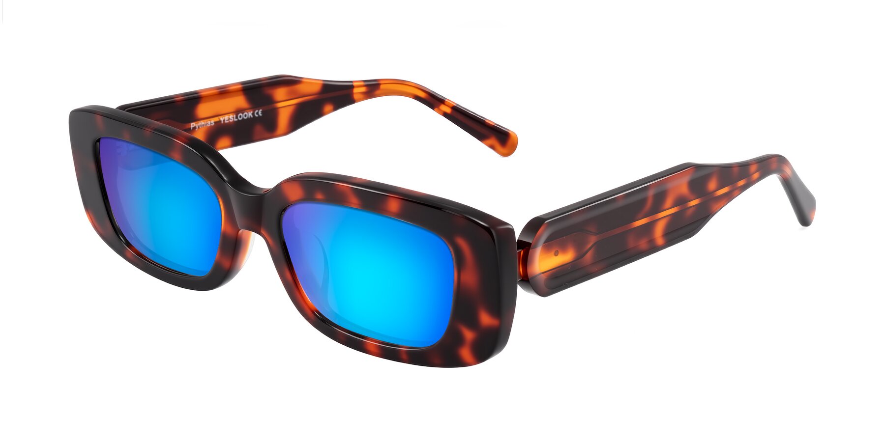 Angle of Pythias in Tortoise with Blue Mirrored Lenses