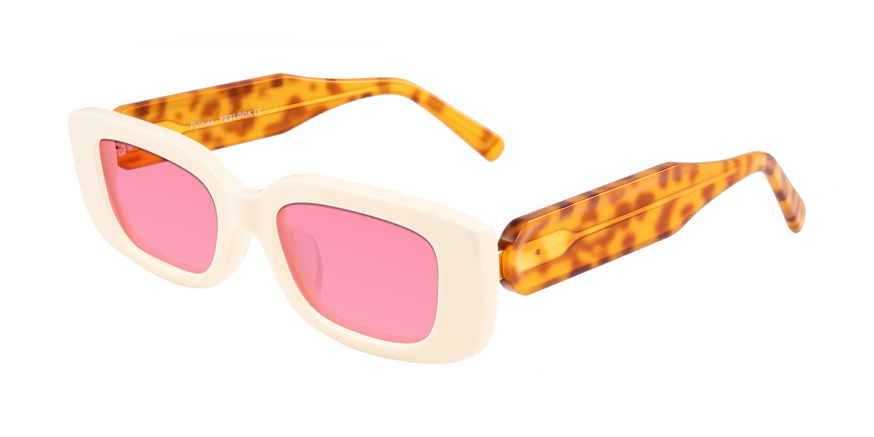 Angle of Pythias in Milky White/Tortoise with Pink Tinted Lenses