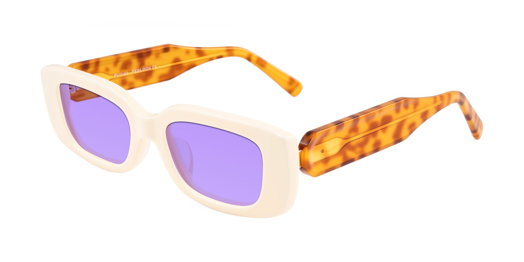 Angle of Pythias in Milky White/Tortoise with Medium Purple Tinted Lenses