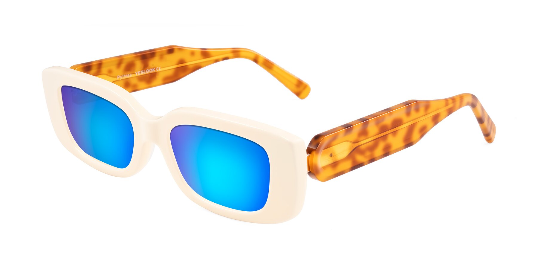 Angle of Pythias in Milky White/Tortoise with Blue Mirrored Lenses