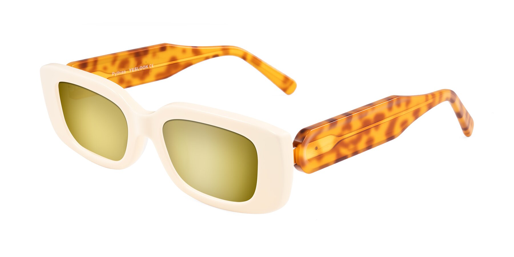 Angle of Pythias in Milky White/Tortoise with Gold Mirrored Lenses