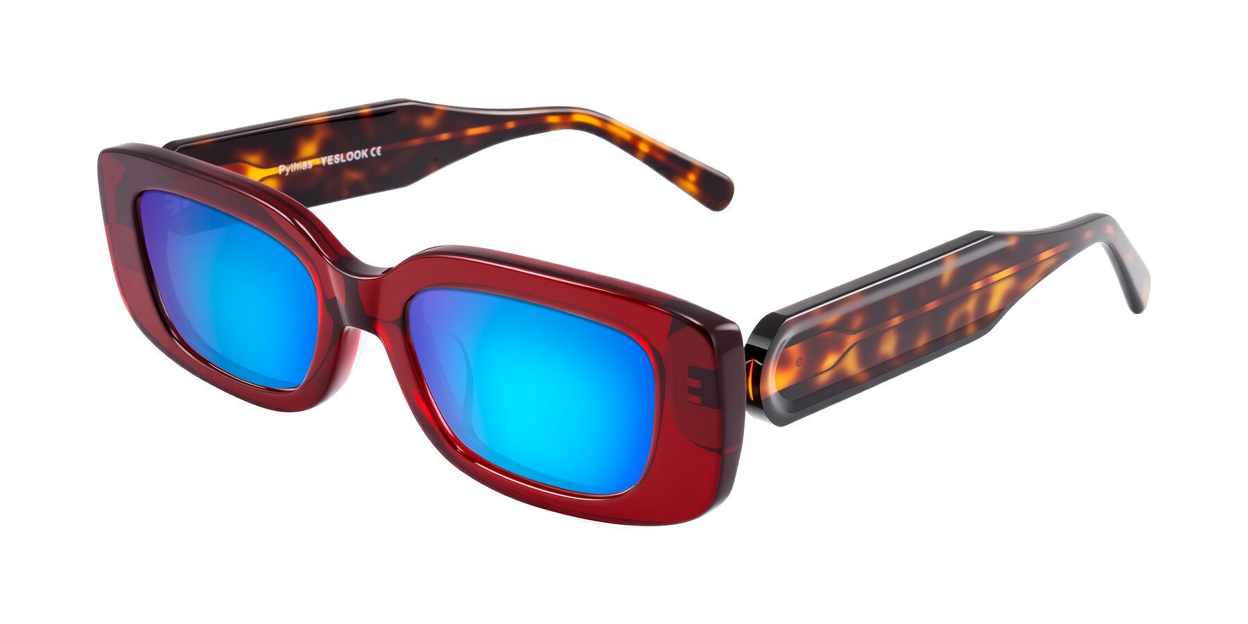 Angle of Pythias in Wine/Tortoise with Blue Mirrored Lenses