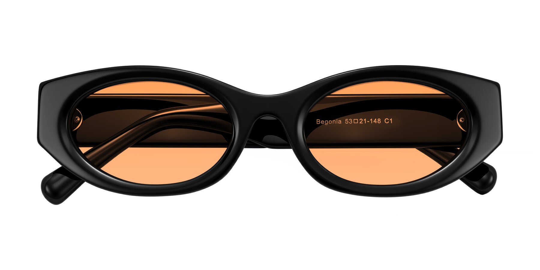 Folded Front of Begonia in Black with Medium Orange Tinted Lenses